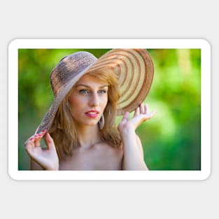 Beautiful blonde with hat outdoors Sticker